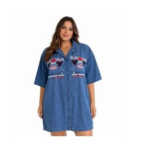 Bobbie Brooks top shirt button up jean/denim embroidered USA America patriotic